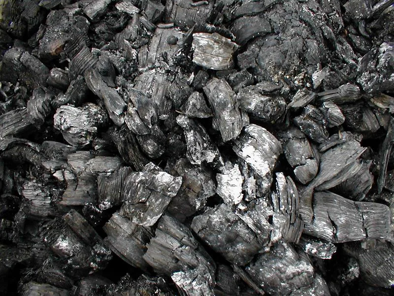 A close-up of cold charcoal with a rough matte surface