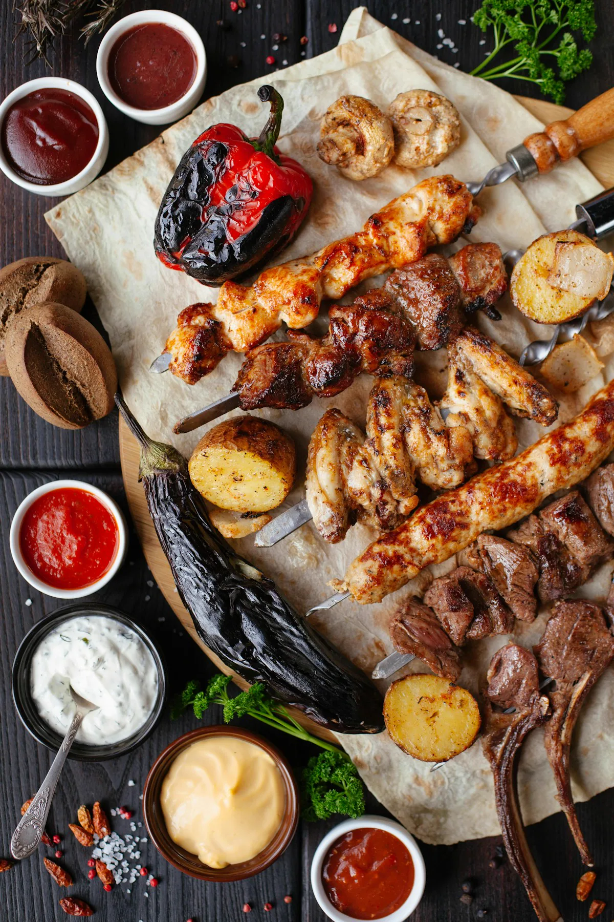 An overhead view of grilled meats arranged on dark wood